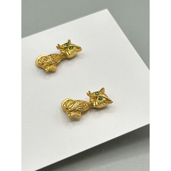 Vintage Gold Tone Cat Earrings Studs with Green Eyes Pierced Small Kitty Cat - Picture 4 of 6